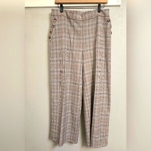 NWOT Pull On Plaid Lightweight Pants Side Pockets Button Detail Wide Leg Large